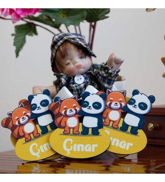 İsme Özel Panda ve Tilki Temalı  Ahşap Magnet ürün görseli 1