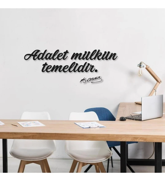 Adalet Mülkün Temelidir Yazılı Siyah 90x30cm Ahşap Duvar Tablosu ürün görseli 1