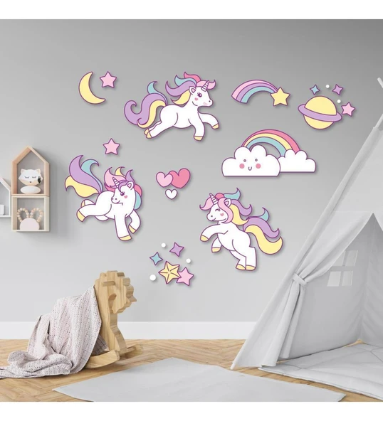 Çocuk Odası Unicorn Temalı Renkli Ahşap Tablo ürün görseli 1