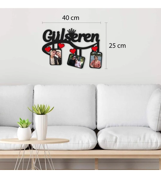 Kişiye Özel 3 Fotoğraflı İsim Yazılı Kalpli Ahşap Tablo ürün görseli 1