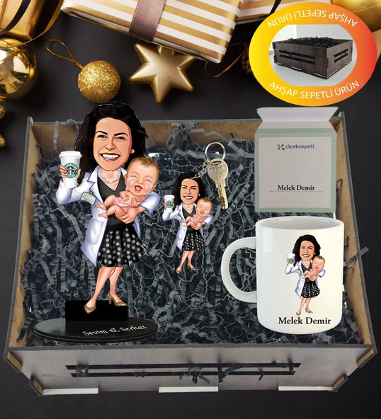 Kişiye Özel Karikatür , Anahtarlıklı Ve Kupa Hediye Sepeti ürün görseli 1