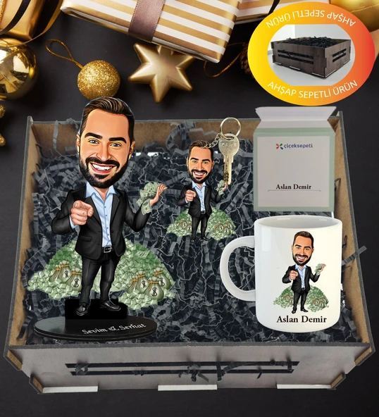 Kişiye Özel Karikatür , Anahtarlıklı Ve Kupa  Hediye Sepeti ürün görseli 1