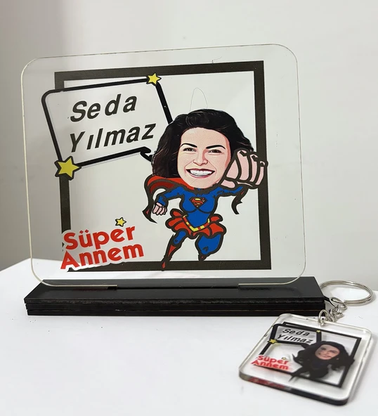 Anneler Günü Özel Süper Anne Karikatür Pleksi Plak Tablo Anahtarlık Hediyeli ürün görseli 1