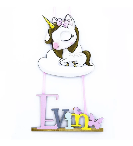 Meşgalem Bulut Üstünde Uyuyan Unicorn Temalı Kişiye Özel Kapı Süsü ürün görseli 1