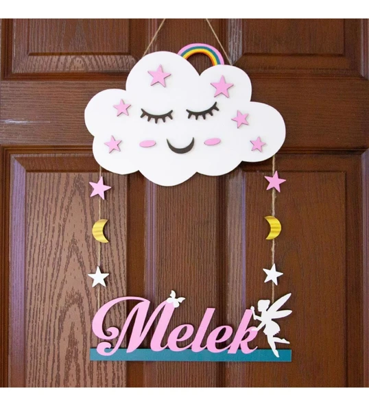Meşgalem Gülümseyen Pembe Bulut ve Peri Kızı Temalı Kişiye Özel Kapı Süsü ürün görseli 1