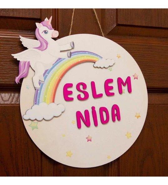 İsme Özel Unicorn Tasarımlı Gökkuşağı Çocuk Odası Kapı Süsü ürün görseli 1