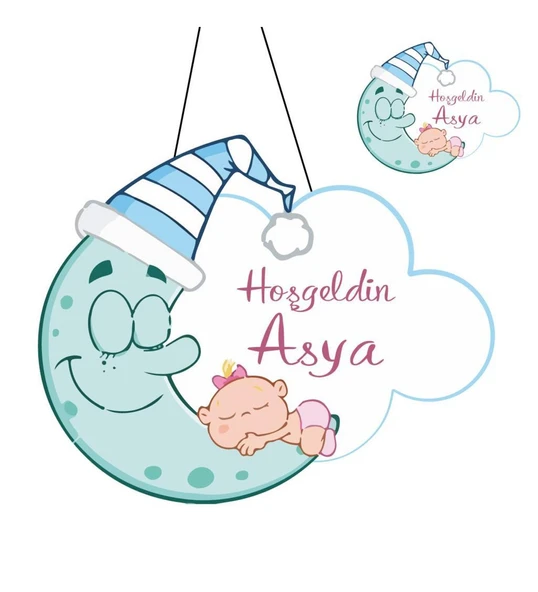 Kişiye Özel Bebek Kapı Süsü Ve 50 Adet Magnet Seti Uyuyan Ay ürün görseli 1