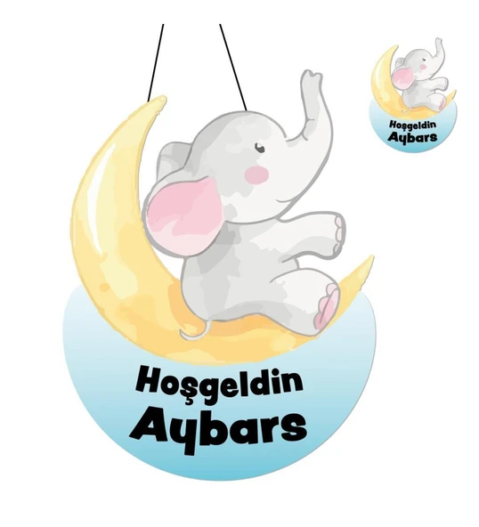 Kişiye Özel Bebek Kapı Süsü Ve 50 Adet Magnet Seti Fil Ay ürün görseli 1