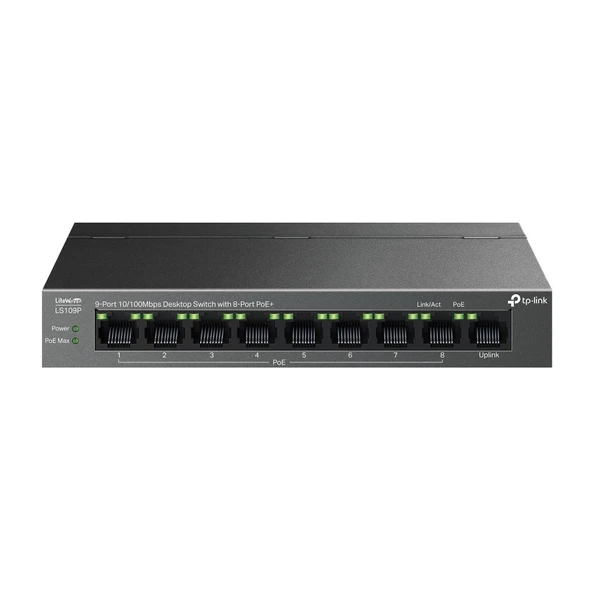 Tp-Link LS109P 9 Port 10/100 Mbps 8 Port Poe+ 10/100 Mbps Switch Metal Kasa ürün görseli 1