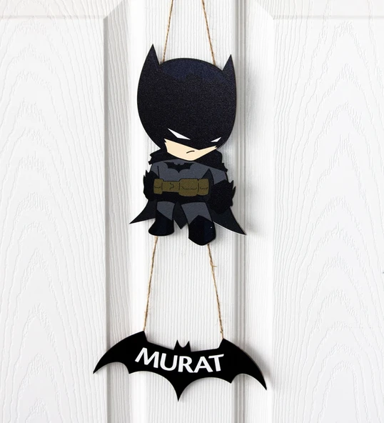 İsme Özel Temalı Bebek Odası Ahşap Kapı Süsü - Batman Temalı ürün görseli 1