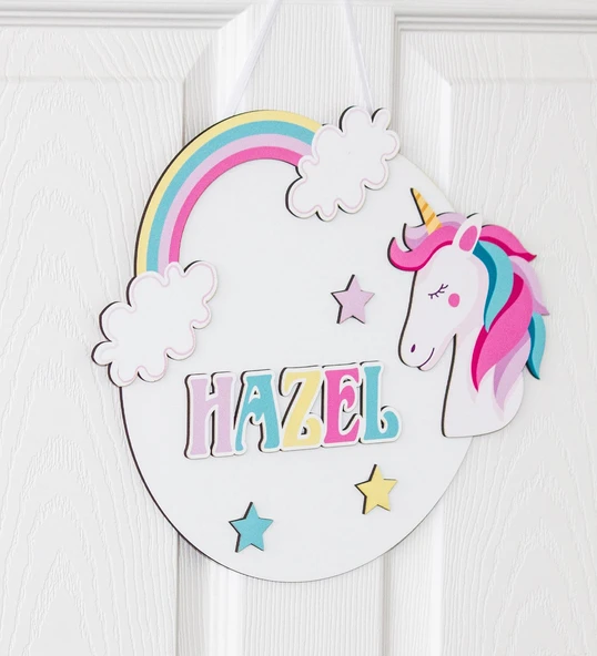 İsme Özel 3D Unicorn Bebek & Çocuk Odası Ahşap Kapı Süsü ürün görseli 1
