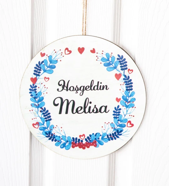 Meşgalem Kırmızı Kalp ve Mavi Çiçek Temalı Kişiye Özel Kapı Süsü ürün görseli 1