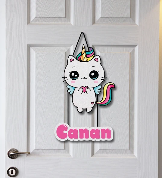 Meşgalem Unicorn Kedi Temalı Kişiye Özel Kapı Süsü ürün görseli 1