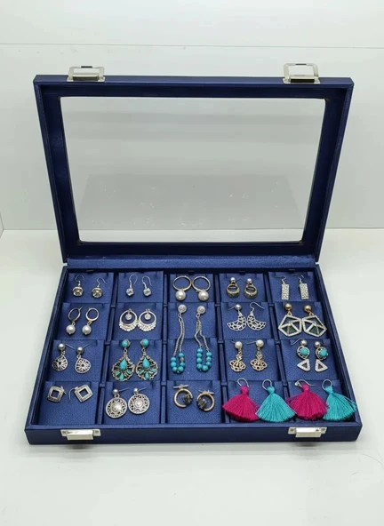 Yeni Cam Kapaklı İmera Deri Kumaş Lacivert Renk 34 cm / 24 cm Üçlü Set Tablası ürün görseli 1