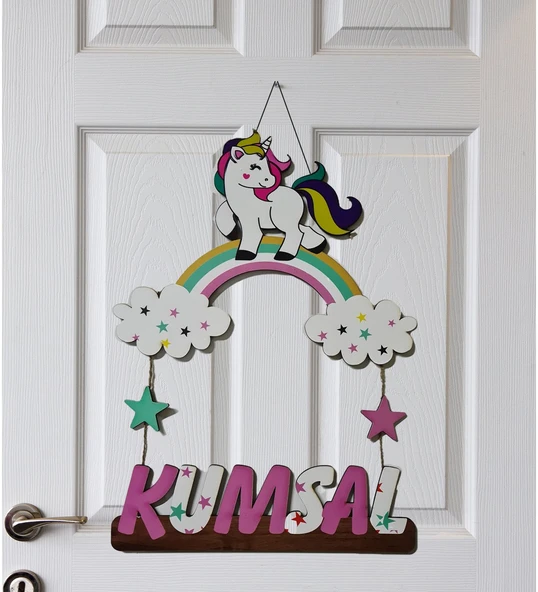 Meşgalem Unicorn ve Bulut Temalı Kişiye Özel Kapı Süsü ürün görseli 1