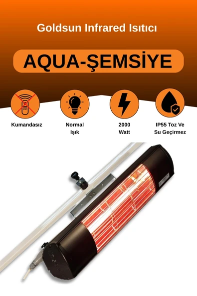 Goldsun Aqua 2000 Watt GSU20 Şemsiye Tip Kumandasız Suya Dayanıklı Elektrikli İnfrared Isıtıcı-Siyah ürün görseli 1
