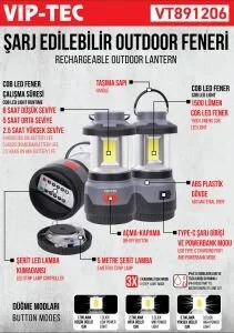 VİPTEC VT891206 ŞARJ EDİLEBİLİR OUTDOOR FENERİ ürün görseli 1