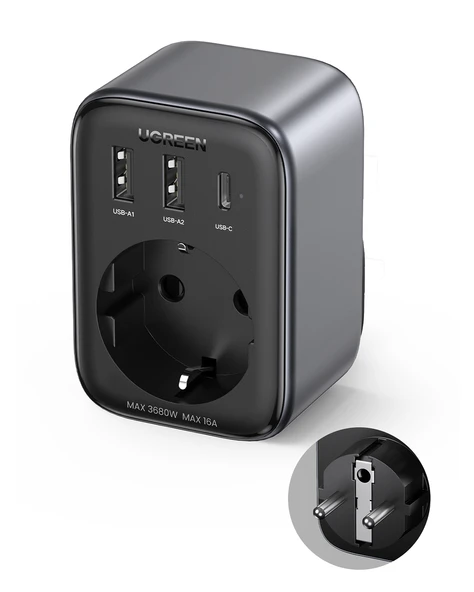 UGREEN Akım Korumalı Duvar Prizi 2xUSB-A, USB-C 30W GaN Hızlı Şarj Cihazı, 90613 ürün görseli 1
