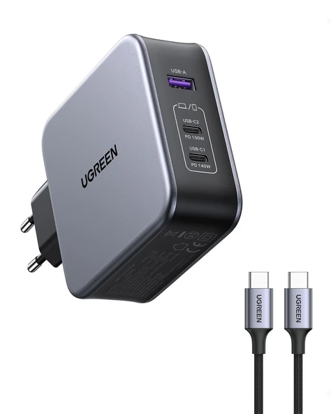 UGREEN Nexode 140W GaN 3 Portlu Hızlı Şarj Cihazı 2xUSB-C, 1xUSB-A QC 4.0 PD 3.1, Uzay Grisi, 90549 ürün görseli 1