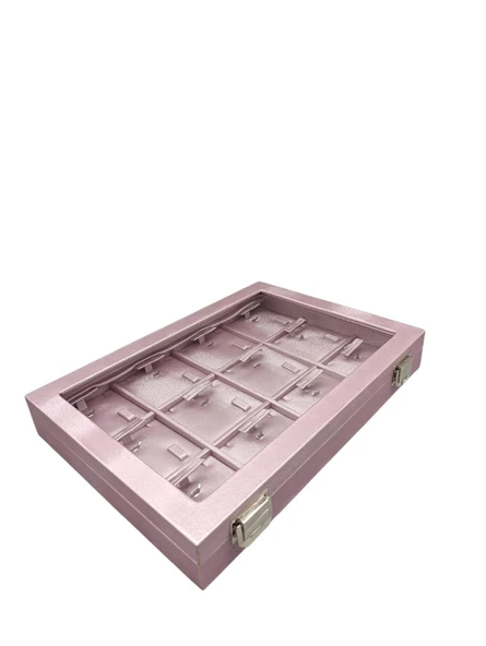 Yeni Cam Kapaklı İmera Deri Kumaş Pembe Renk 34 cm / 24 cm Üçlü Set Tablası ürün görseli 1