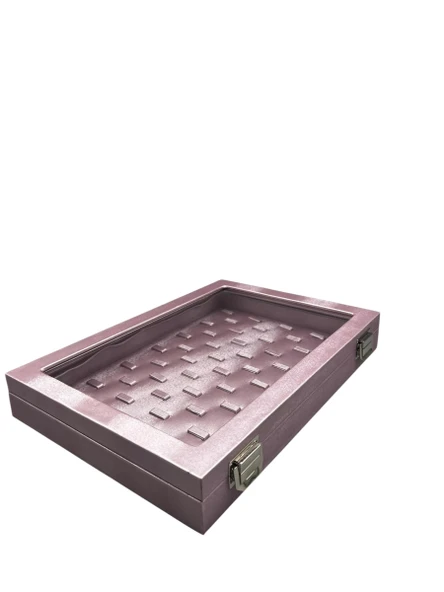 Yeni Cam Kapaklı İmera Deri Kumaş Pembe Renk 34 cm / 24 cm Tırnaklı Yüzük Tablası ürün görseli 1