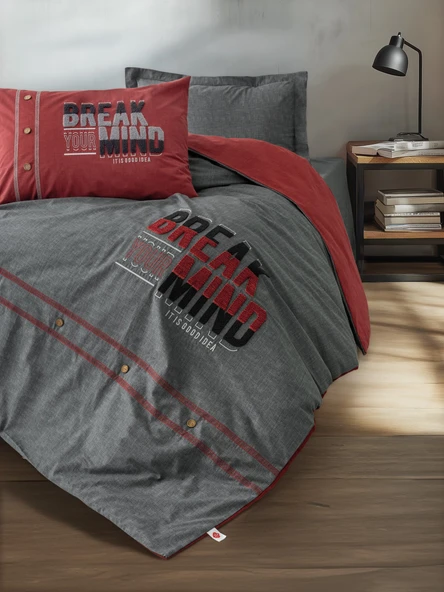 Cotton Box Mood Nakışlı Ranforce Tek Kişilik Nevresim Takımı Fracto Bordo ürün görseli 1