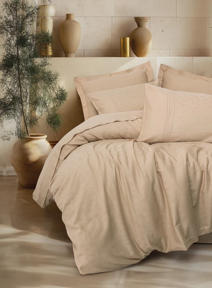 Cotton Box Jakarlı Saten Çift Kişilik Nevresim Takımı Florita Bej ürün görseli 1