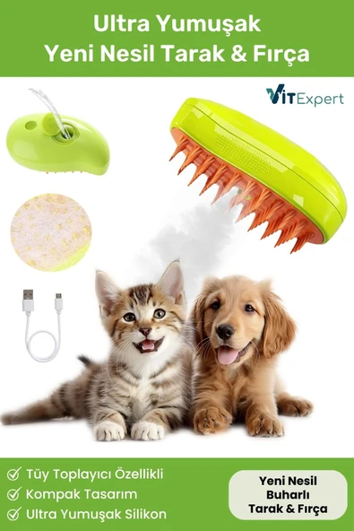 Vitexpert Yeni Nesil Şarjlı Buharlı Kedi & Köpek Tarağı Ultra Yumuşak Silikon Tüy Toplayıcı Yıkama Fırçası ürün görseli 1