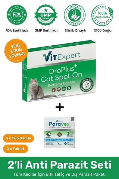 Vitexpert 2'li Set Kedi Iç Dış Anti Parazit Tüm Kediler Için Bitkisel 5 Damla Ve 2 Tablet Paketi ürün görseli 1