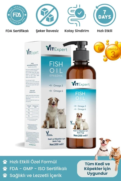 Vitexpert Kedi Ve Köpekler Için Premium Fish Oil 200 ml Omega 3 6 Içerikli Bağışıklık Destekleyici Balık Yağı ürün görseli 1