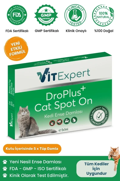 Vitexpert Droplus Kedi Damlası Pire Dış Parazit Bit Kene Deri Bakımı Için Bitkisel Damla ( 1-7 Kg ) 5 Tüp ürün görseli 1