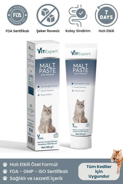 Vitexpert Anti Hairball Tüy Yumağı Önleyici Ve Sindirim Destekleyici Tüm Kediler Için Malt Paste Macun 100 gr ürün görseli 1