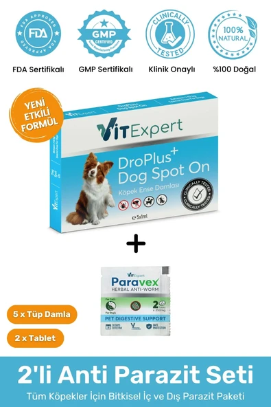 Vitexpert 2'li Set Köpek İç Dış Anti Parazit Tüm Köpekler İçin Bitkisel 5 Damla ve 2 Tablet Paketi ürün görseli 1