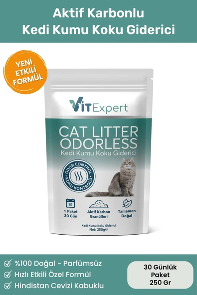 Vitexpert Active Carbon Premium Kedi Kumu Koku Giderici Doğal Aktif Karbonlu Granül 30 Günlük Paket 250 gr ürün görseli 1
