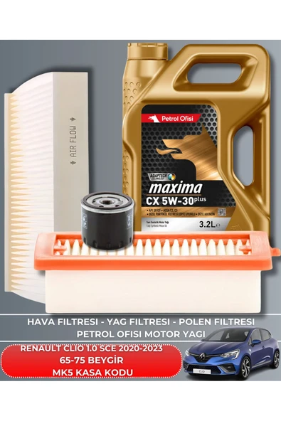ELF 5W30 5LT  RENAULT CLIO 1.0 SCE 2020-2021-2022-2023 65-75 BEYGİR FİLTRE - YAĞ BAKIM SETİ ürün görseli 1