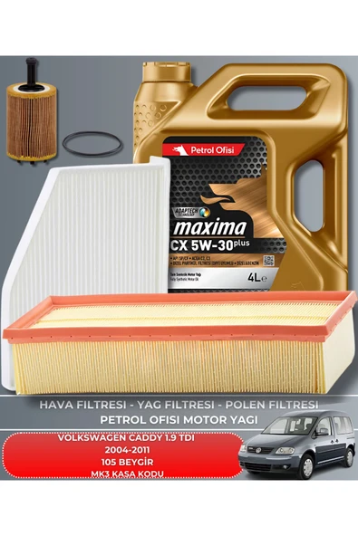 CASTROL 4LT 5W30 VOLKSWAGEN CADDY 1.9 TDI 2004-2011 105 BEYGİR FİLTRE - DELPHİ MOTOR YAĞ GÖNDERILECEKTIR 2025 ÜRETİM BAKIM SETİ ürün görseli 1