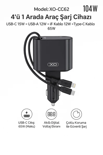 104W XO-CC62 4’ü 1 Arada Araç Şarj Cihazı  Hızlı ve Güvenli Şarj ürün görseli 1