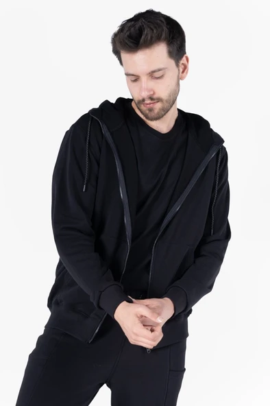 Diagonel Kapüşonlu Fermuarlı Sweatshirt - Resim 9