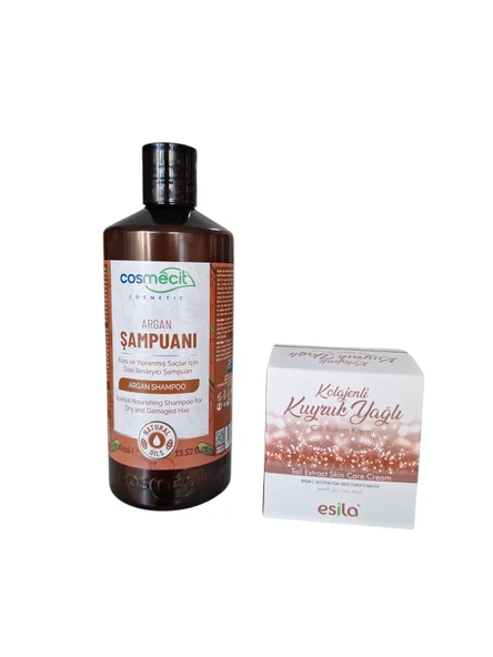 Argan şampuanı 400 ml +kolajenli kuyruk yağlı cilt bakım kremi ikili bakım seti ürün görseli 1