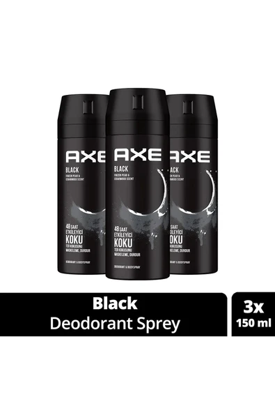 3 Adet Axe Erkek Deodorant & Bodyspray Black 48 Saat Etkileyici Koku Vücut Spreyi 150 ml ürün görseli 1