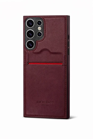 Samsung Galaxy S25 Ultra Kartlıklı Rich Boss Lüx Deri Kılıf Koyu Kırmızı ürün görseli 1
