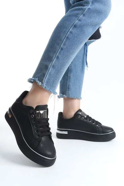 MINA Bağcıklı Ortopedik Taban Kadın Sneaker Spor Ayakkabı  CST - Siyah/Gümüş ürün görseli 1