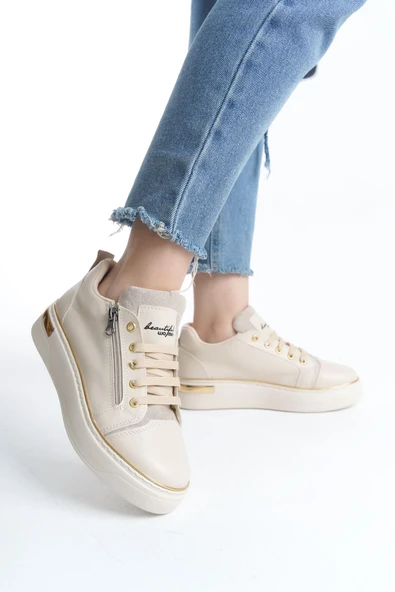 DINA Bağcıklı Fermuarlı Ortopedik Taban Kadın Sneaker Spor Ayakkabı  CKT - Krem/Altın ürün görseli 1