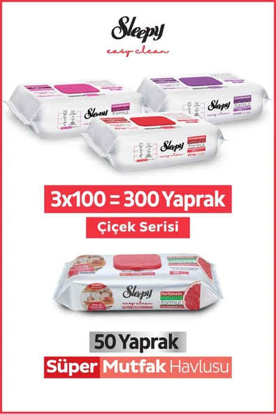 Sleepy Easy Clean Çiçek Serisi&Greyfurt Yağlı Süper Mutfak Yüzey Temizlik Havlusu&Mendili(3x100+50) ürün görseli 1