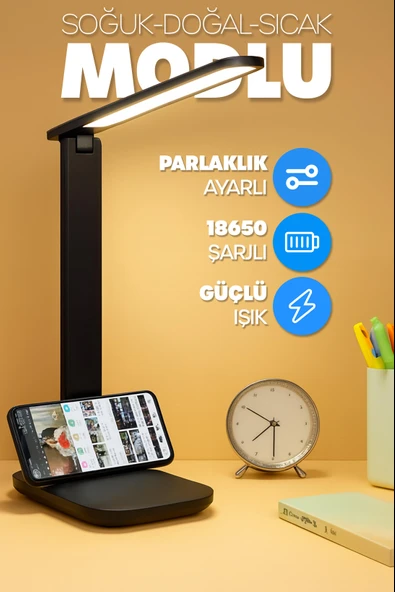 Şarjlı Masa Lambası 3 Renk Dokunmatik Telefon Standlı Kademeli Çalışma Okuma Işığı Lambası 9W Siyah ürün görseli 1