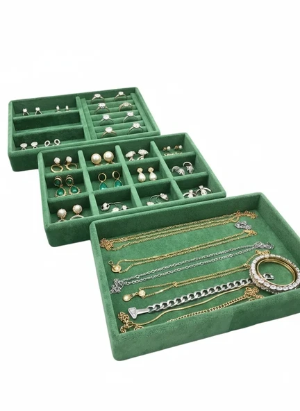 Peru Model Süet Kumaş Yeşil Renk 22/14 cm 3 lü Takım Çekmeçe İçi Takı Standı ürün görseli 1