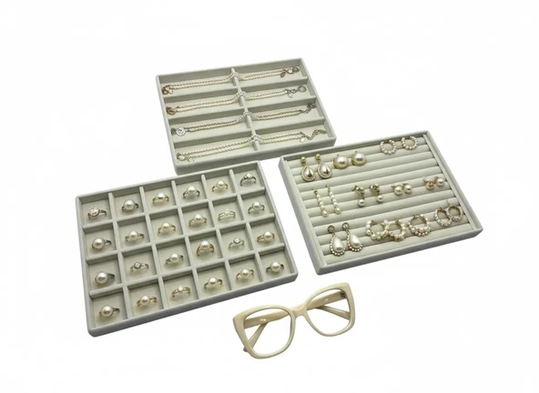 Bern Model Süet Kumaş Krem Renk 34/24 cm 3 Lü TakımTakı Sergileme Standı ürün görseli 1