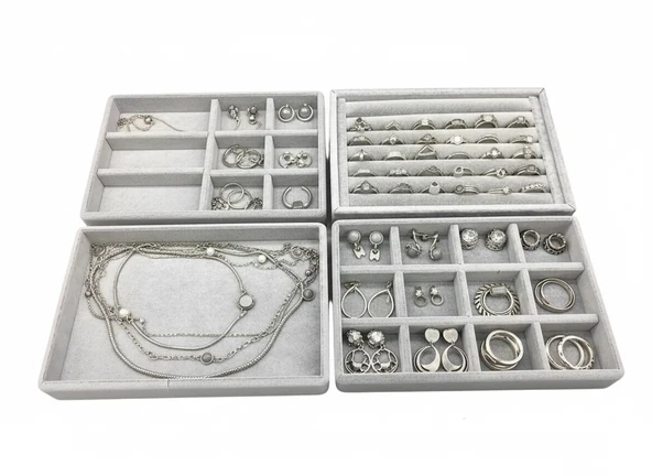 Kiev Model Süet Kumaş Gri Renk 22/14 cm 4 lü Takım Çekmeçe İçi Takı Standı ürün görseli 1