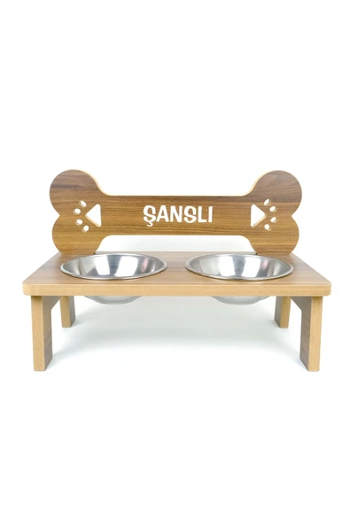 RealWood Ahşap, Çelik Kaseli, Özel Isim Baskılı Büyük Irk Köpek Mama Ve Su Kabı Stantı-2*1000 Ml. ürün görseli 1