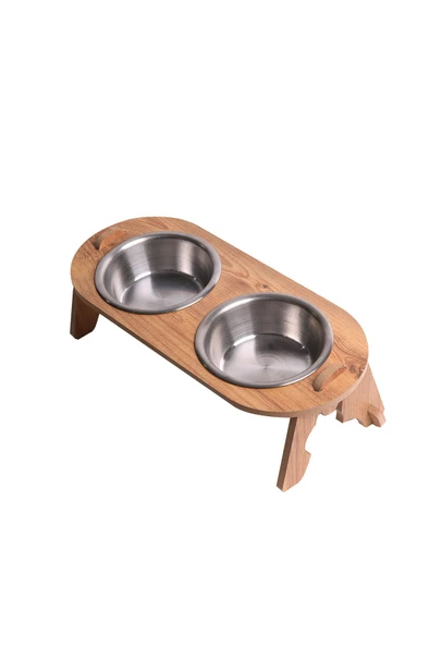 RealWood Kedi & Köpek Su Ve Mama Kabı Standı - Ahşap Mdf - Eğimli Ikili Oval Model-çelik Kase-2*350ml ürün görseli 1